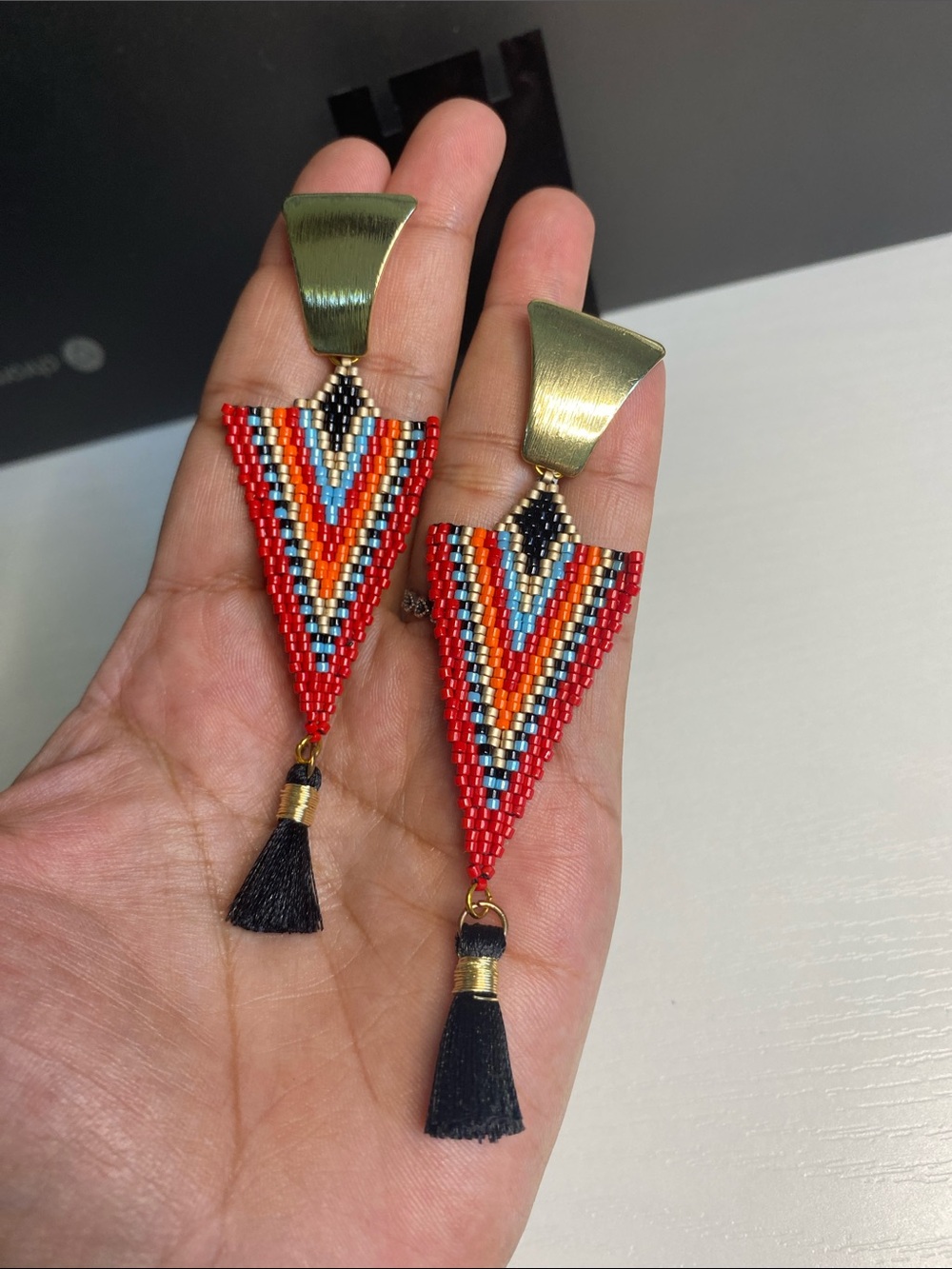Red Multi-Color Seed Bead Triangle Tassel Earrings with Gold Accents